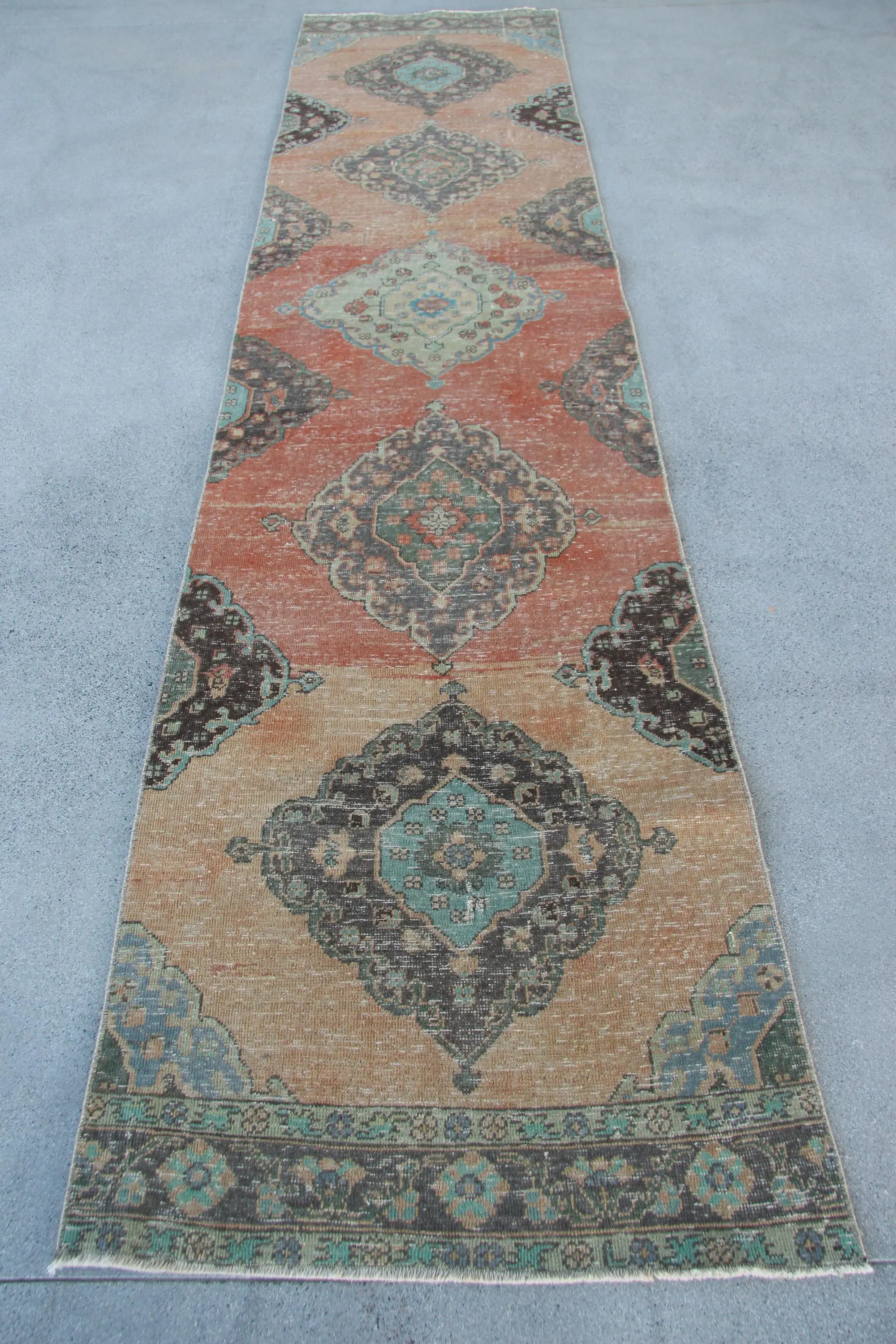 Vintage Runner Rug 3x12.4 ft, Red Ikat Turkish Wool Rug - 1
