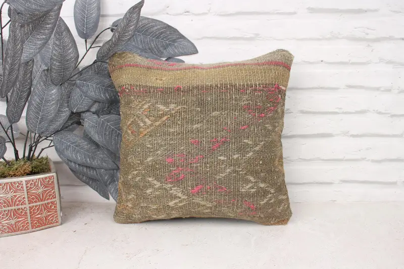 Car Pillow, Boho Pillow Sham Cover, Ikat Cushion Case, Kilim Pillow, Cushion Case, 14x14 Green Pillow Cover, Vintage Kilim Throw Pillow - 1