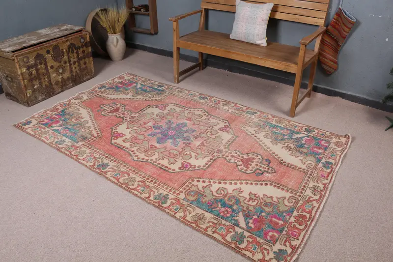 Rosa und blauer Blumenteppich, 4,5 x 7,6 Fuß, schickes Dekor