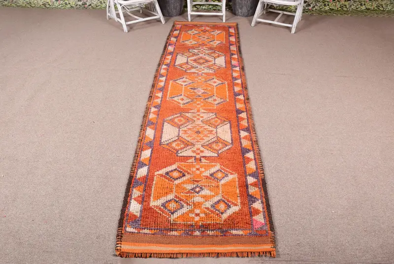 2.8x11.2 ft Halı, Türk Herki Halısı, Vintage Kahverengi Yün Geometrik Halı - 1