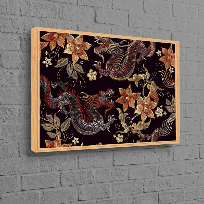 エレガントな神話ドラゴン キャンバス: 和柄と花の融合