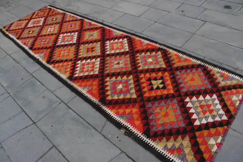 Turkish 3.37x10.9 ft Rug, Kilim Vintage Rug, Red Wool Rug - 1
