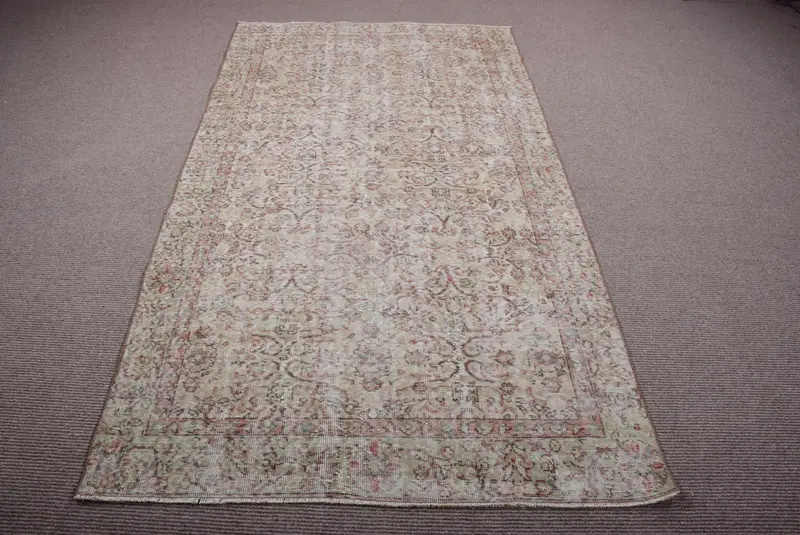 Alfombra turca de 4,4x7,8 pies, alfombra vintage Oushak, alfombra de lana Ikat beige - 1