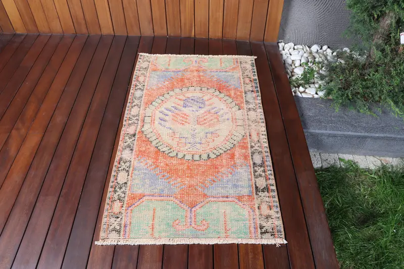 Turkish Vintage Small Rug 2.4x4 ft, Orange Blue Striped Wool Rug - 1