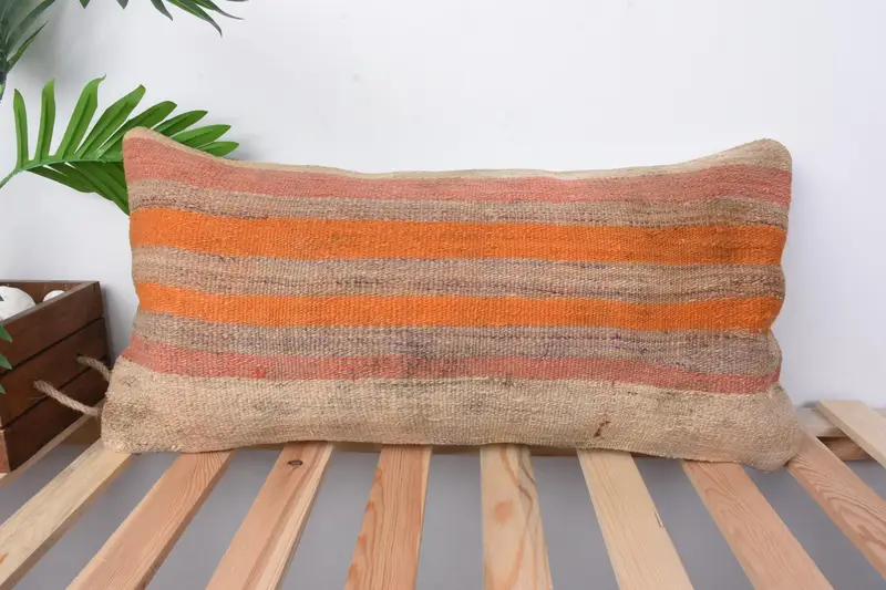 Handmade Throw Cushion Cover, Cushion Cover, Vintage Kilim Pillow, Kilim Pillow, Pillow for Couch, Pet Pillow Cover, 12x24 Orange Cushion Cover - 1