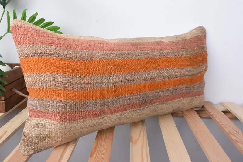 Handmade Throw Cushion Cover, Cushion Cover, Vintage Kilim Pillow, Kilim Pillow, Pillow for Couch, Pet Pillow Cover, 12x24 Orange Cushion Cover - 5