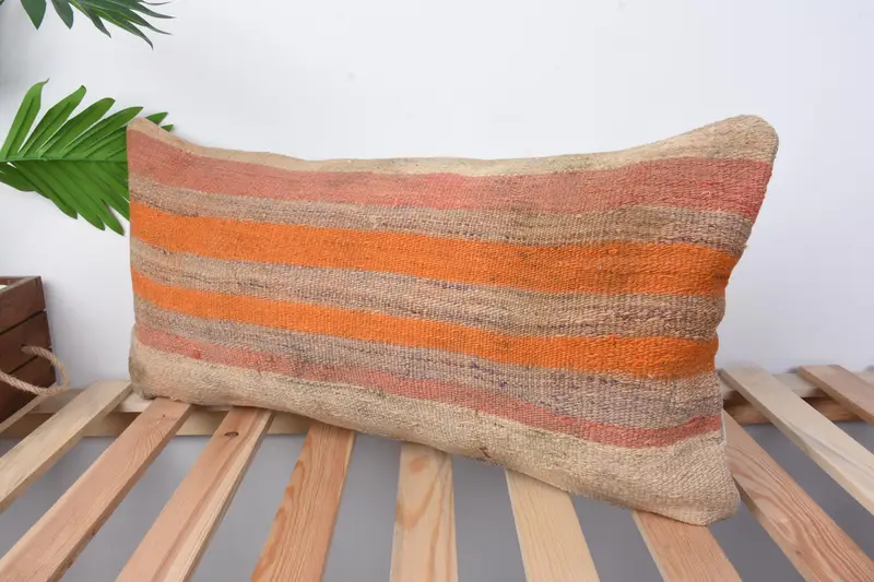 Handmade Throw Cushion Cover, Cushion Cover, Vintage Kilim Pillow, Kilim Pillow, Pillow for Couch, Pet Pillow Cover, 12x24 Orange Cushion Cover - 4