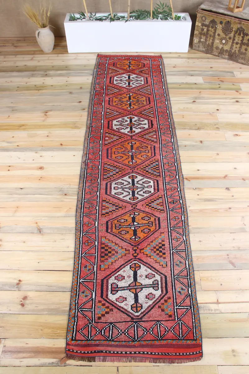 2.6x11.4 ft Turkish Rug, Vintage Runner Rug, Pink Geometric Wool Rug - 1