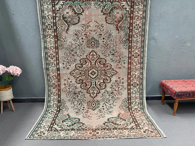 5.7x8.6 ft Turkish Rug, Vintage Large Rug, Brown Floral Wool Rug - 1
