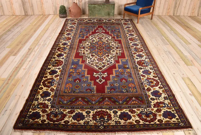 Kırmızı Oryantal Halı, Mavi Desenli 7,4x14,2 ft