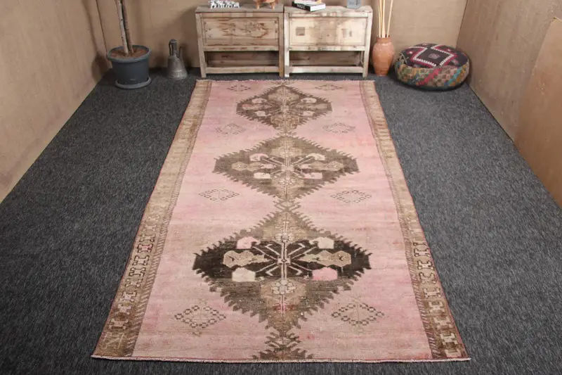 Vintage Area Rug 5.4x10.7 ft, Pink Geometric Turkish Wool Rug - 1
