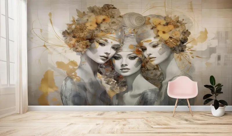 Stick auf Tapete Art Deco, Frauen Wandmalerei, moderne Wandkunst, Blumenpapierkunst, weiche Töne Tapete, abnehmbare Tapete, - 4