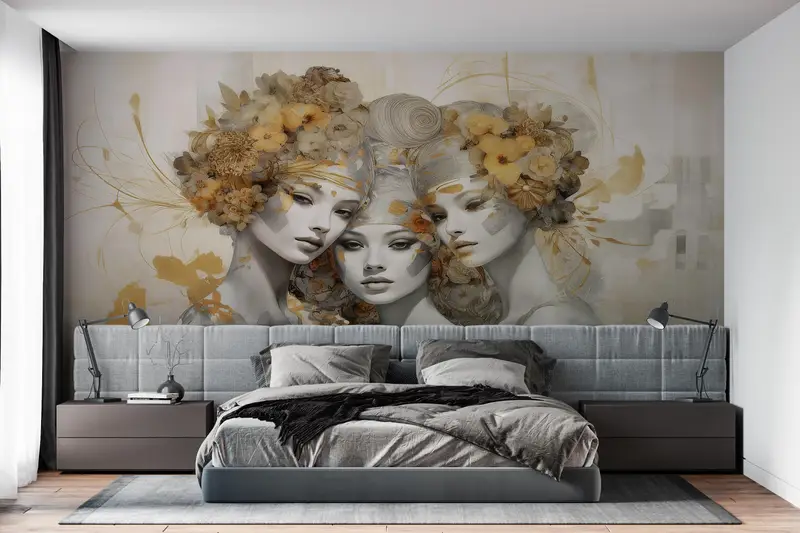 Stick auf Tapete Art Deco, Frauen Wandmalerei, moderne Wandkunst, Blumenpapierkunst, weiche Töne Tapete, abnehmbare Tapete, - 7
