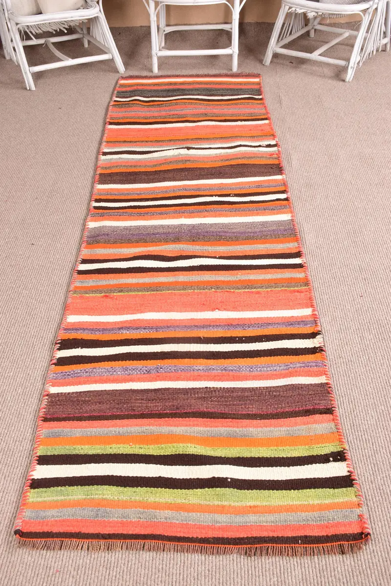 2.7x9.6 ft Türk Halısı, Vintage Runner Halısı, Turuncu Kahverengi Halı - 1