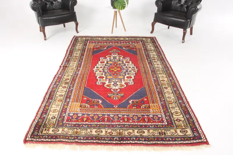 Turkish Vintage Rug, 5.3x8.4 ft Large Rug, Red Blue Camouflage Wool Rug - 1