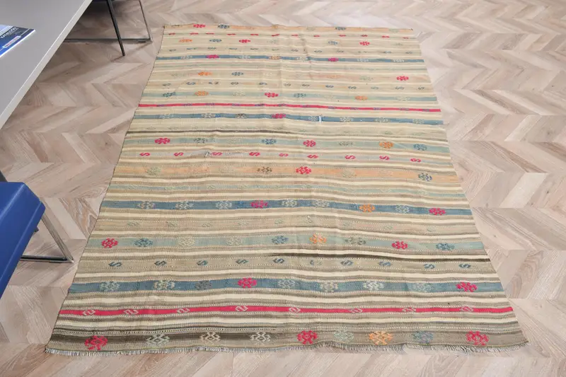 4.7x6.4 ft Halı, Vintage Türk Halısı, Mavi Patchwork Yün Halı - 1