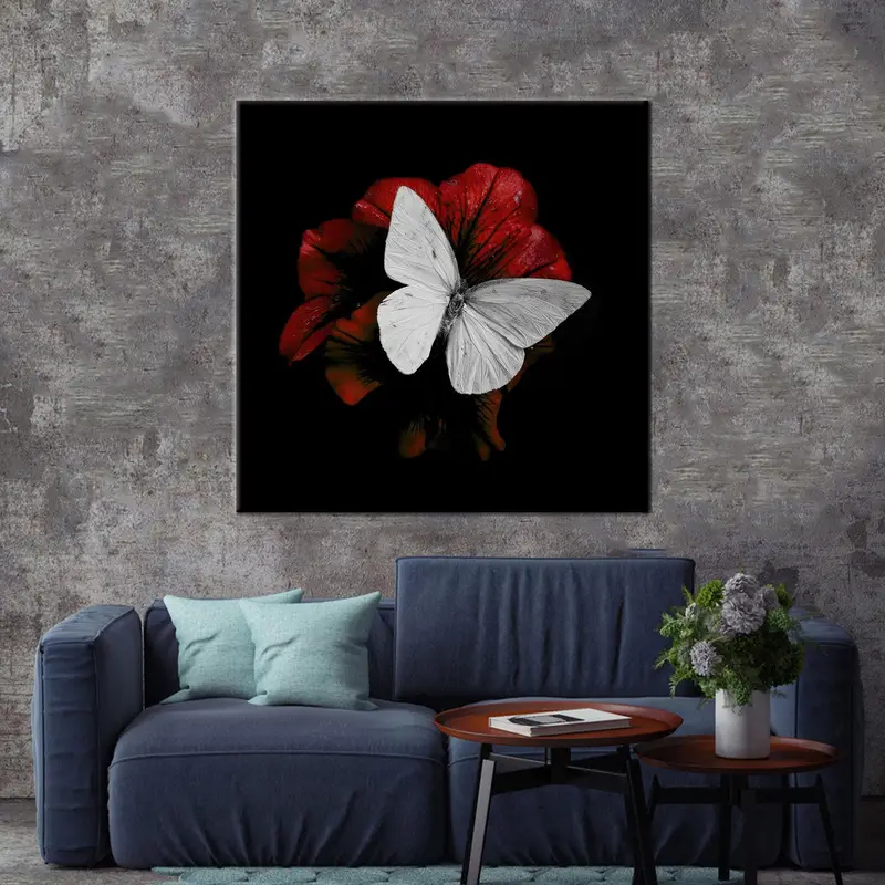 Lienzo de lujo moderno: mariposa blanca, flor roja, negro