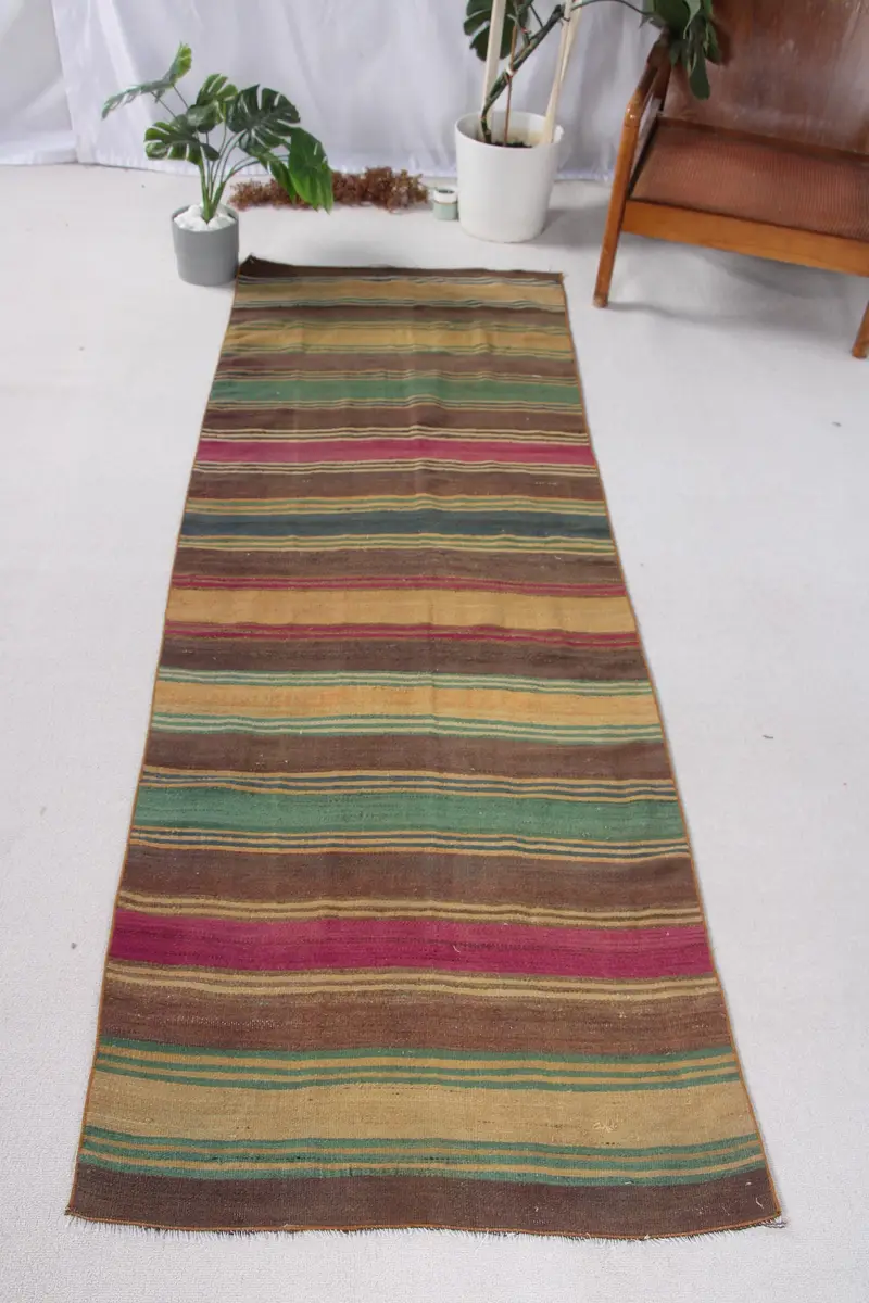 2,7x7,7 ft Green Ombré Rug with Orange Accents, Modern Chic