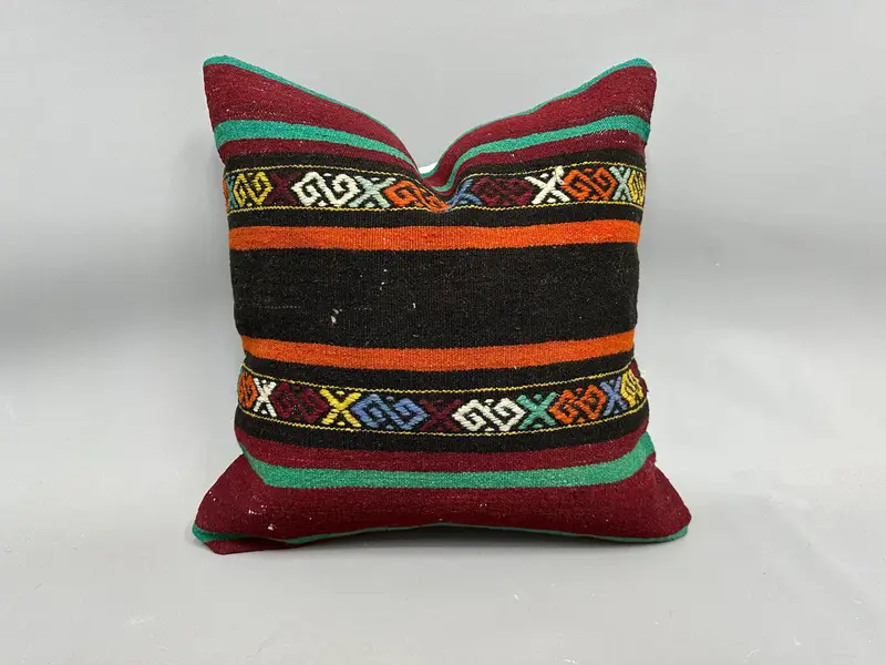 Pillow Sham, Turkish Kilim Pillow, Handmade Kilim Cushion, Vintage Kilim Throw Pillow, Floor Cushion Cover, 20x20 Green Pillow Cover - 1