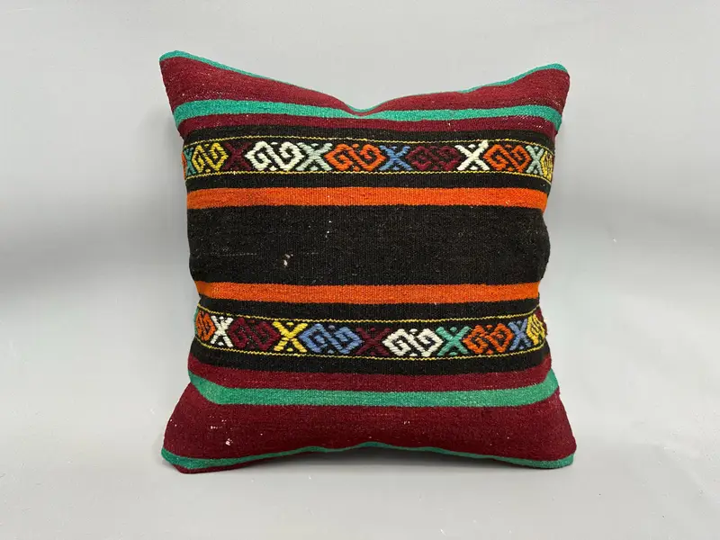 Pillow Sham, Turkish Kilim Pillow, Handmade Kilim Cushion, Vintage Kilim Throw Pillow, Floor Cushion Cover, 20x20 Green Pillow Cover - 4