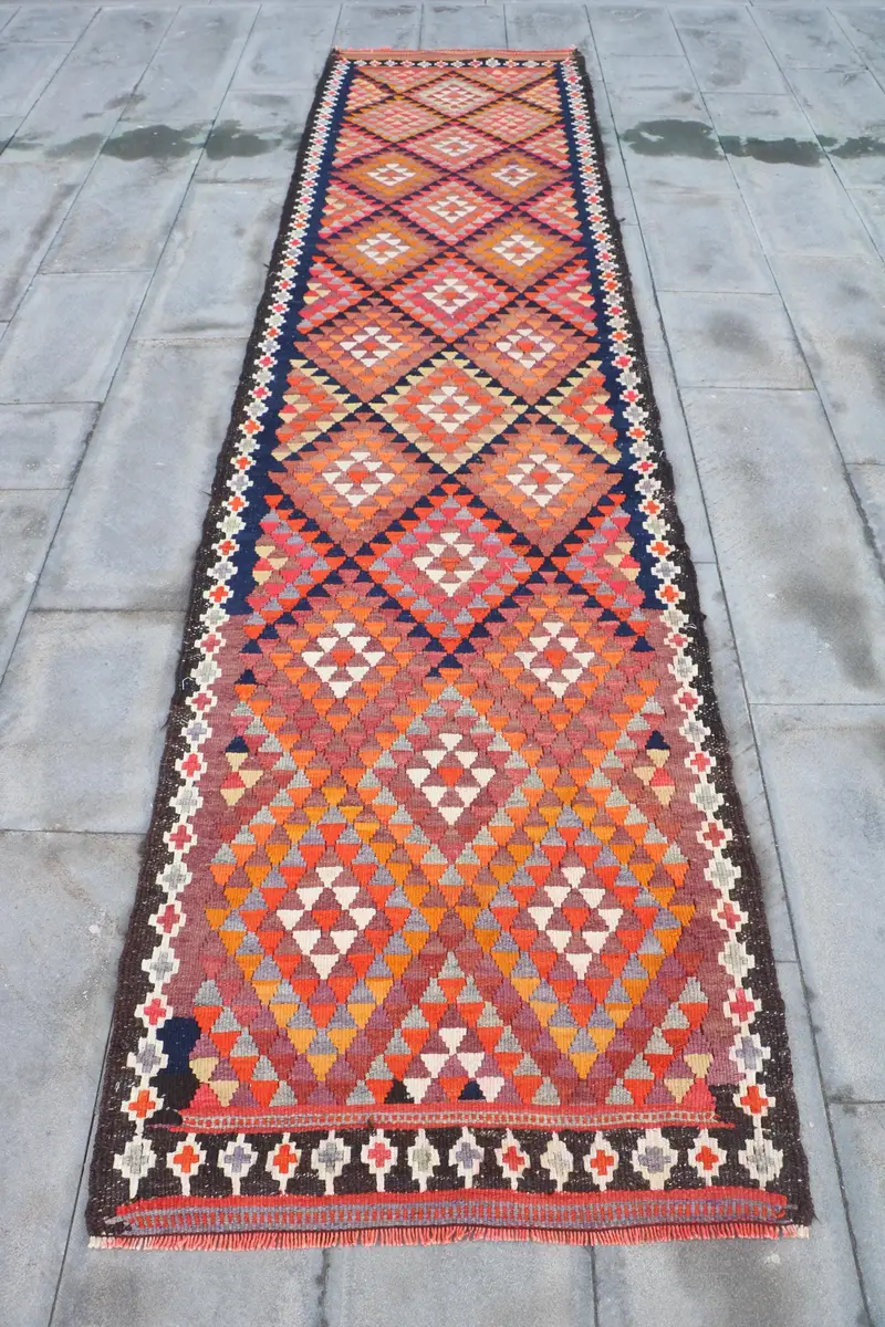 Turuncu ve Mavi Puantiyeli Halı, 2,9x11,6 ft Canlı Dekor