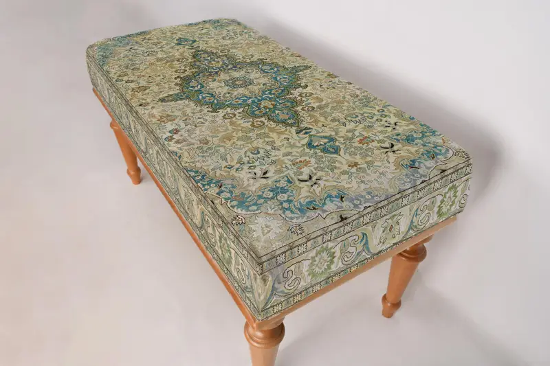 Modular Green & Beige Ottoman Set, Kilim-Inspired Wool Blend Ottoman