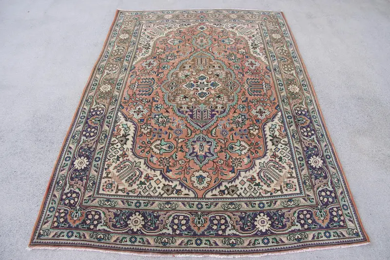 Canlı Turuncu Halı, Mavi Vurgulu 4,7x6,7 ft