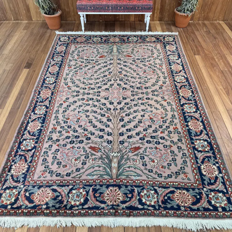 Vintage Large Rug 6.8x9.9 ft, Blue Red Plants & trees Rug Wool - 1