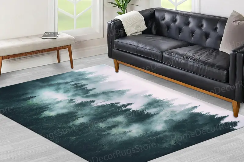 Eleganter bedruckter Teppich „Misty Mountain“: Naturlandschaftsdekor