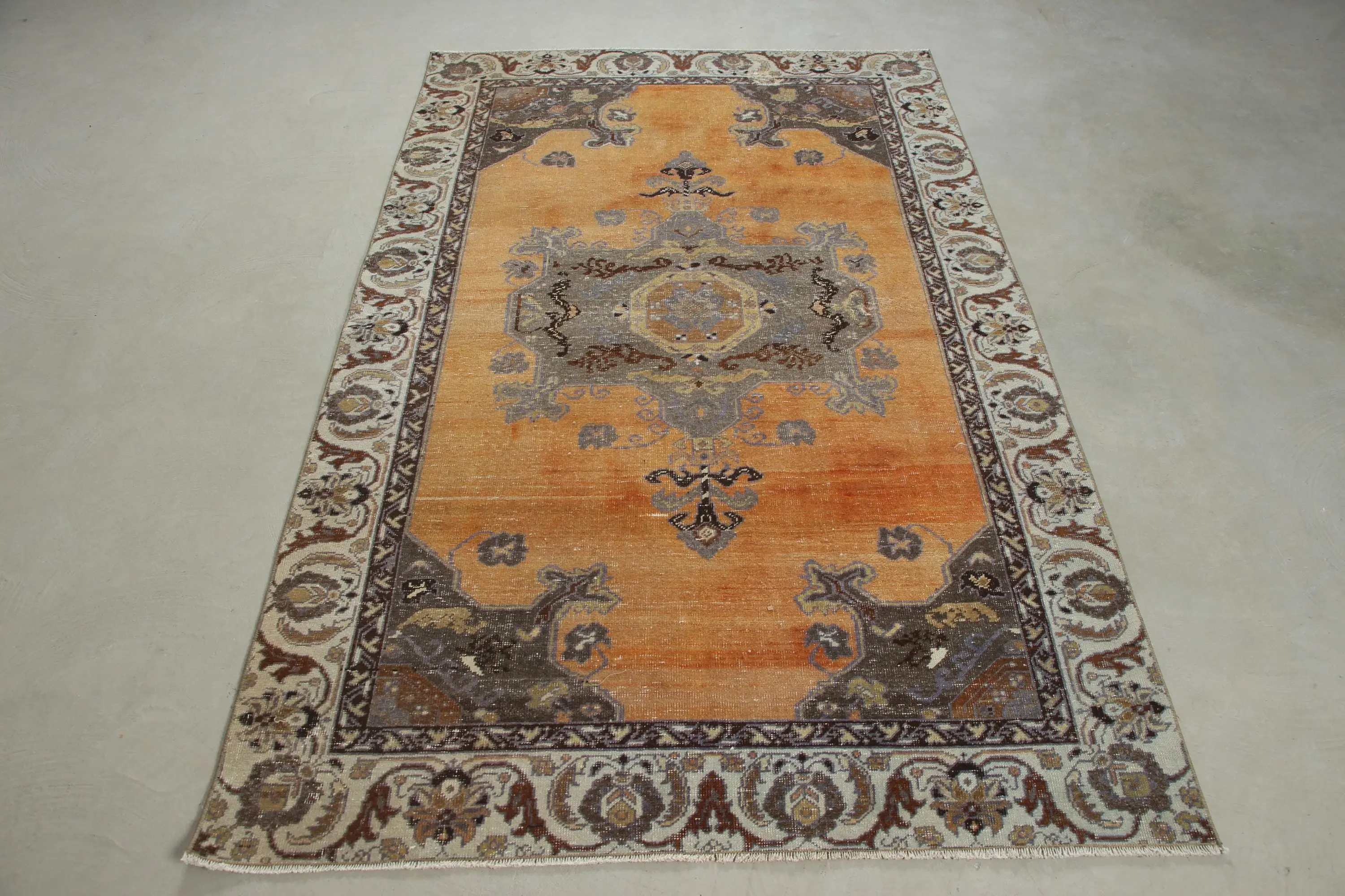Vintage Rug, 4.4x7.3 ft Area Rug, Orange Animal Print Wool Turkish Rug - 1