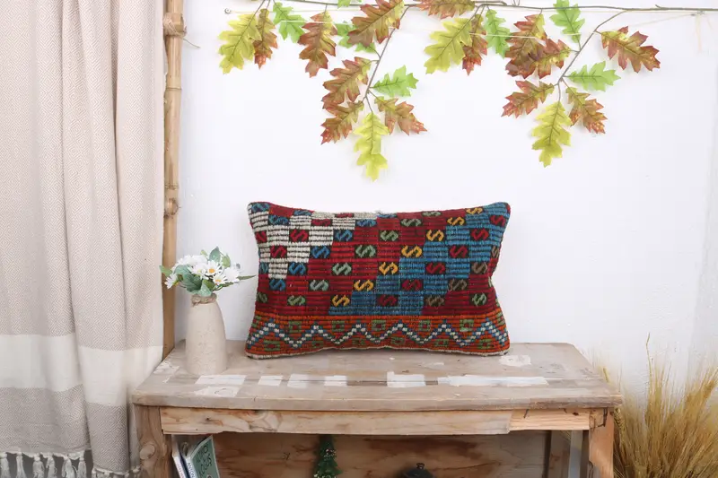 Cushion, Gift Pillow, Custom Cushion, Pillow for Couch, Retro Throw Pillow Cover, 12x20 Red Cushion Cover, Handmade Kilim Cushion - 1