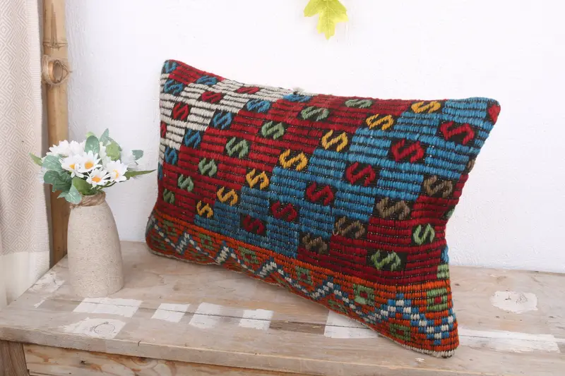 Cushion, Gift Pillow, Custom Cushion, Pillow for Couch, Retro Throw Pillow Cover, 12x20 Red Cushion Cover, Handmade Kilim Cushion - 4