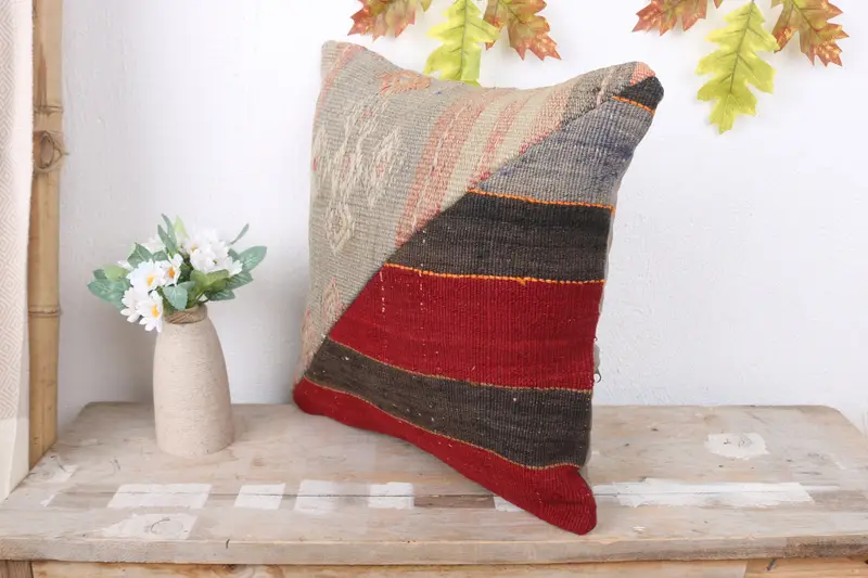Vintage Kilim Pillow, 16x16 Red Pillow Case, Pillow Cover, Yoga Cushion Cover, Luxury Pillow Case, Pillow for Sofa, Ikat Pillow, Throw Kilim Pillow - 4