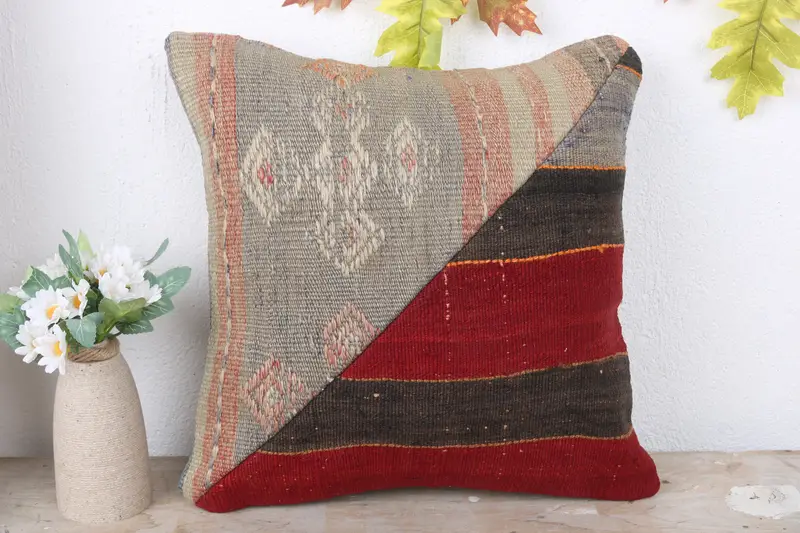 Vintage Kilim Pillow, 16x16 Red Pillow Case, Pillow Cover, Yoga Cushion Cover, Luxury Pillow Case, Pillow for Sofa, Ikat Pillow, Throw Kilim Pillow - 2