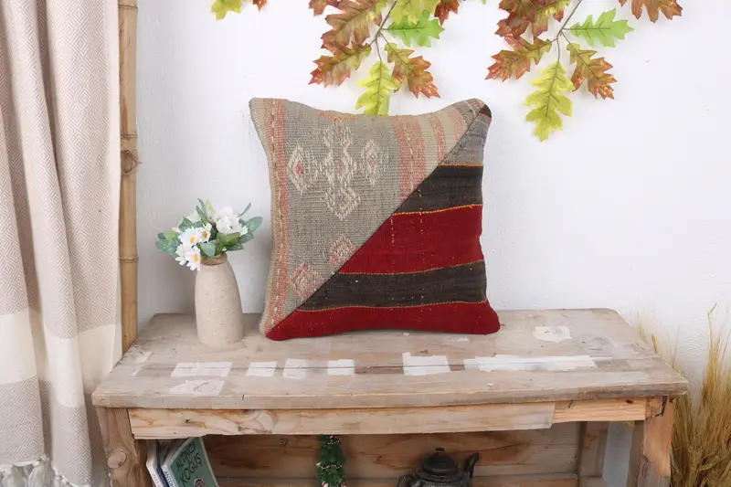 Vintage Kilim Pillow, 16x16 Red Pillow Case, Pillow Cover, Yoga Cushion Cover, Luxury Pillow Case, Pillow for Sofa, Ikat Pillow, Throw Kilim Pillow - 1