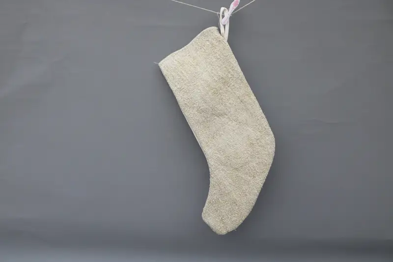 Beige Christmas Stocking, 9 Inch Wide Hemp Stocking with Christmas Ornaments Pattern