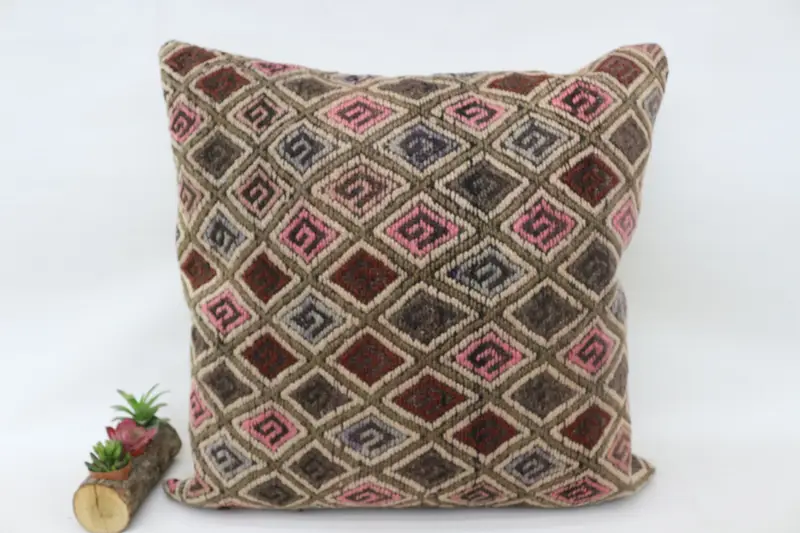 Vintage Kilim Throw Pillow, Cushion, Turkish Kilim Pillow, Comfy Throw Pillow Cover, 28x28 Beige Pillow, Pillow for Couch - 1