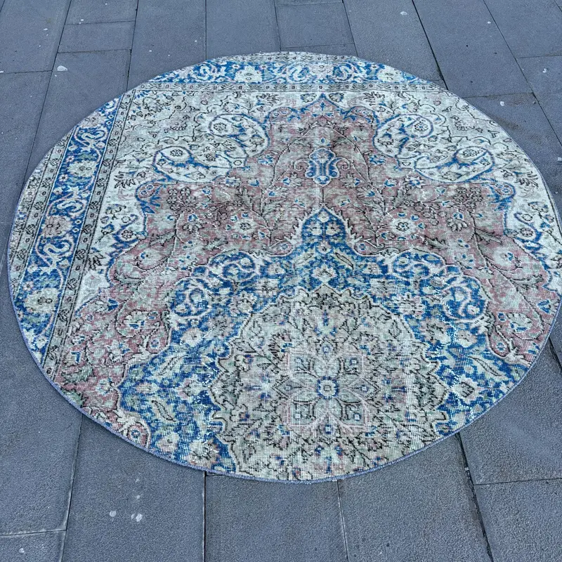 Turkish Vintage Area Rug 5.6x5.6 ft, Blue Gray Oriental Rug - 1