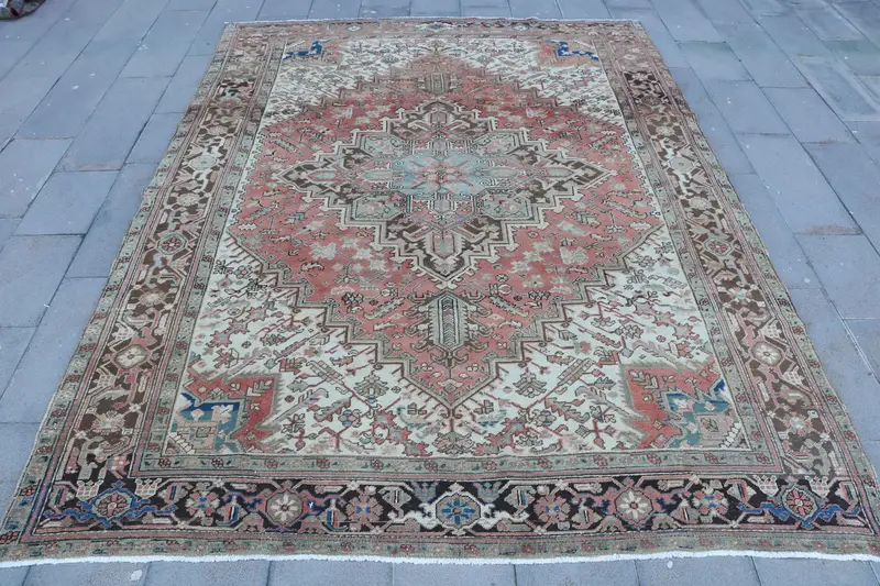 7.7x10.9 ft Turkish Vintage Rug, Oversize Rug, Red Blue Abstract Wool Rug - 1