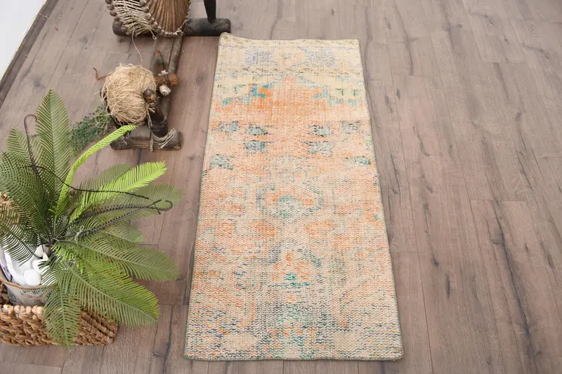 Alfombra vintage turca 1,8x4,1 pies (56x125 cm), alfombra de lana naranja Oushak - 1