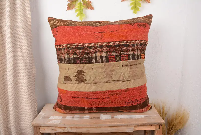 Red & Brown Patchwork Throw Pillow, Vintage Embroidered Cushion