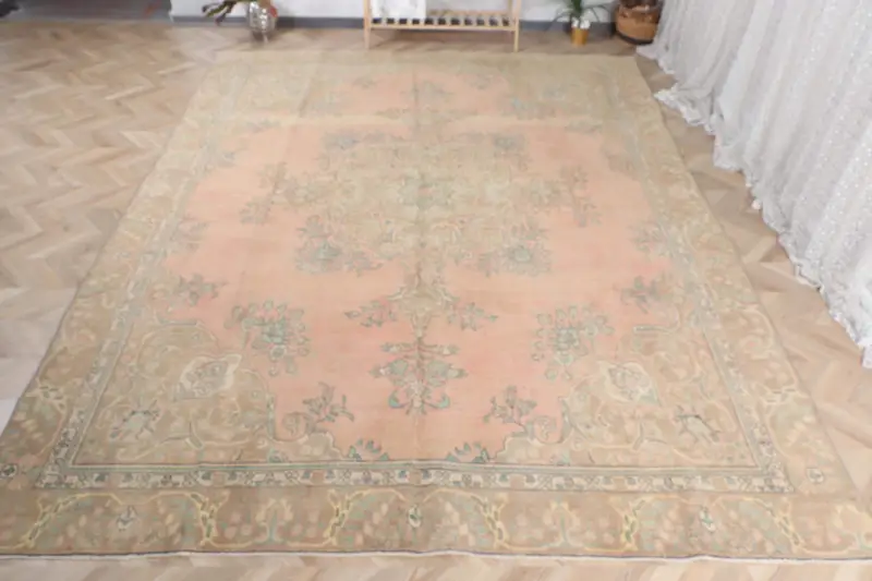 El Yapımı Kırmızı Halı, 7,1x11,9 ft Çiçek ve Geometrik