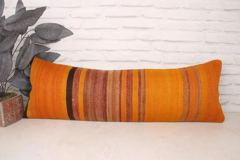 Vintage Kilim Throw Pillow, Kilim Pillow, Handwoven Pillow, Pillow Sham, Authentic Pillow Cover, 12x36 Orange Cushion Case, Turkish Kilim Pillow - 1