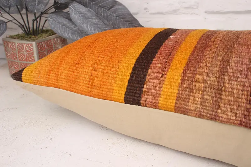 Vintage Kilim Throw Pillow, Kilim Pillow, Handwoven Pillow, Pillow Sham, Authentic Pillow Cover, 12x36 Orange Cushion Case, Turkish Kilim Pillow - 6