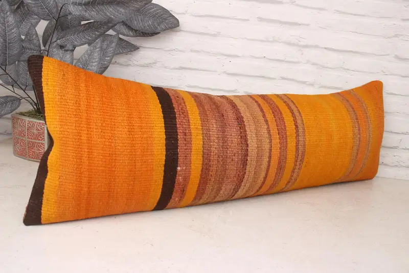 Vintage Kilim Throw Pillow, Kilim Pillow, Handwoven Pillow, Pillow Sham, Authentic Pillow Cover, 12x36 Orange Cushion Case, Turkish Kilim Pillow - 3