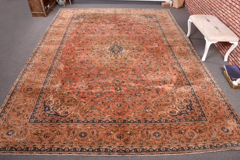 Kırmızı Fas Halısı, Mavi Desenli 9,7x13,3 ft