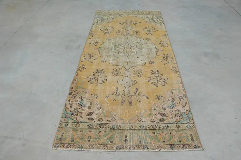 Türkischer 3,6x8,6 ft großer Teppich, Vintage Teppich, Oushak Gelber Teppich - 1