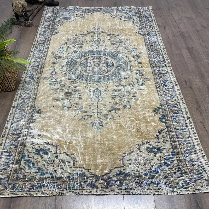 Alfombra turca, alfombra grande de 4,9x8,4 pies, alfombra de lana Oushak marrón azul - 1