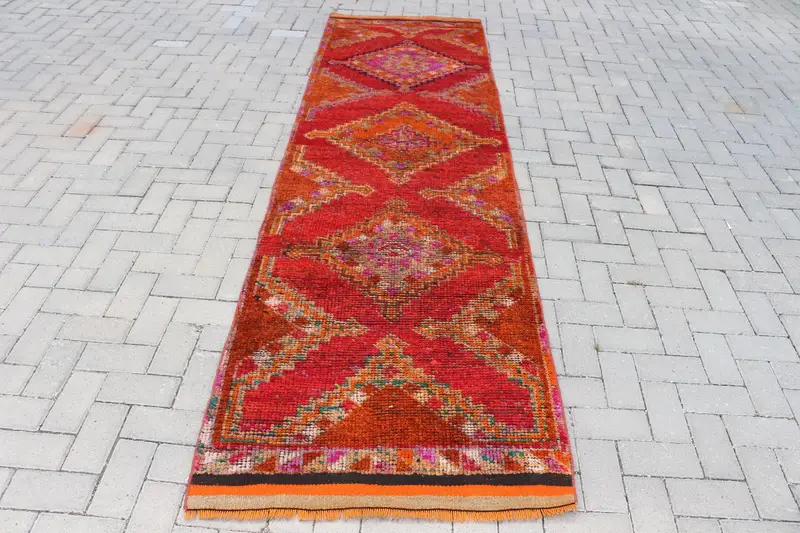 Türkischer Teppich, Läufer 2,9x10,3 ft Vintage Teppich, rot orange floraler Wollteppich - 1