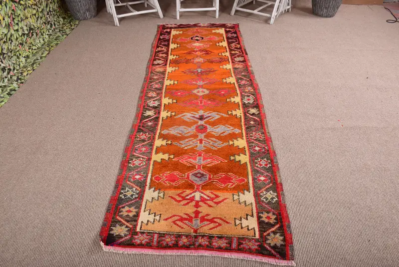 Alfombra vintage corredor de 3x9,2 pies, alfombra turca, alfombra de lana a rayas de color rojo naranja - 1